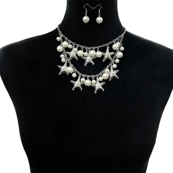 2 Row Layered Starfish Pearl Necklace Earrings Set - Picture 3 of 3
